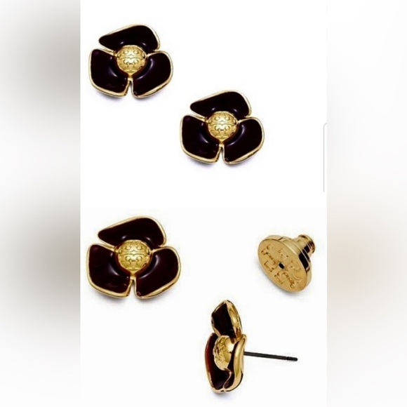 🆕 Tory Burch Authentic Small Black Resin Fleur & Gold Tone Logo Stud Earrings - Picture 11 of 12